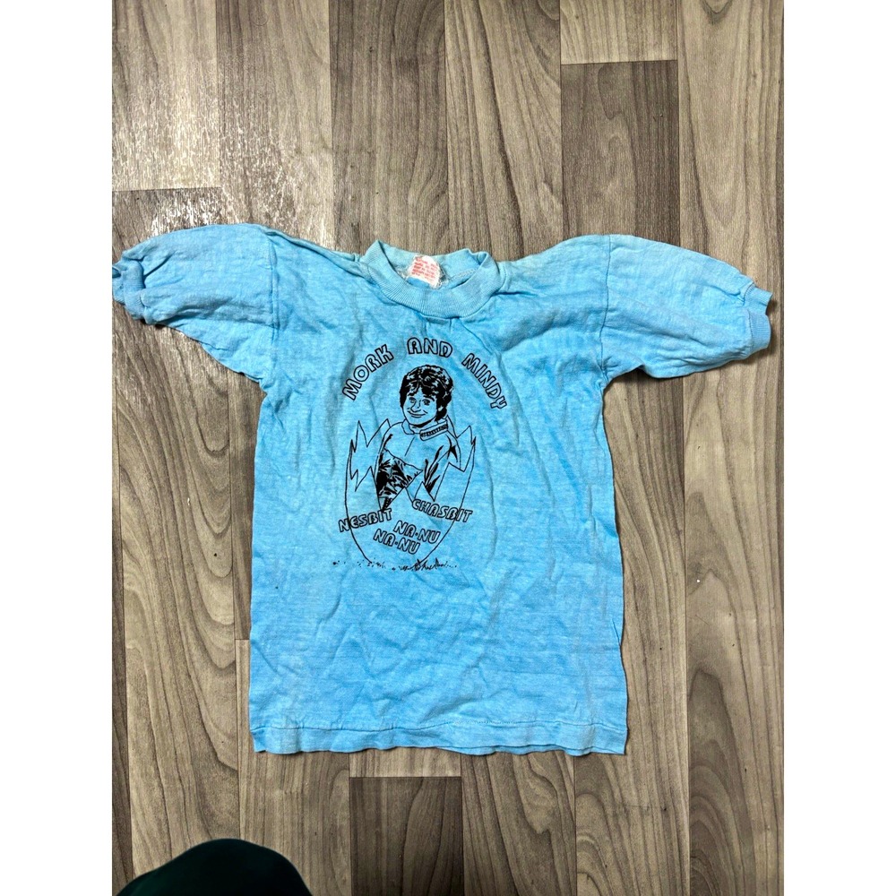 Vintage 70s Mork & Mindy Robin Williams TV Show Shirt Durable Knit Kids Blue 16